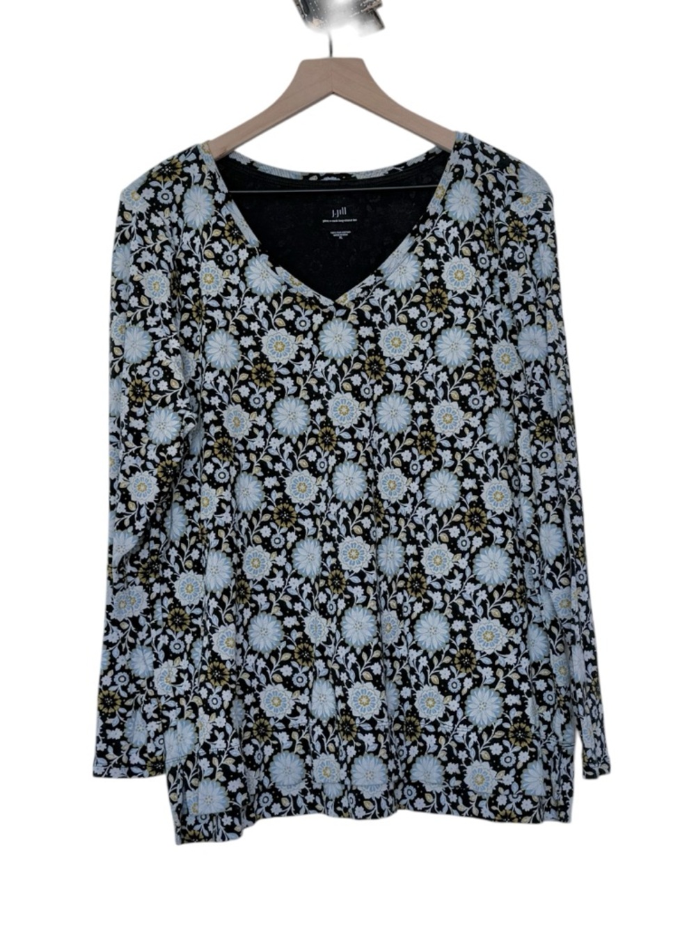 J Jill XL Pima Cotton V-Neck Long Sleeve Tee Floral Comfy Work Lightweight